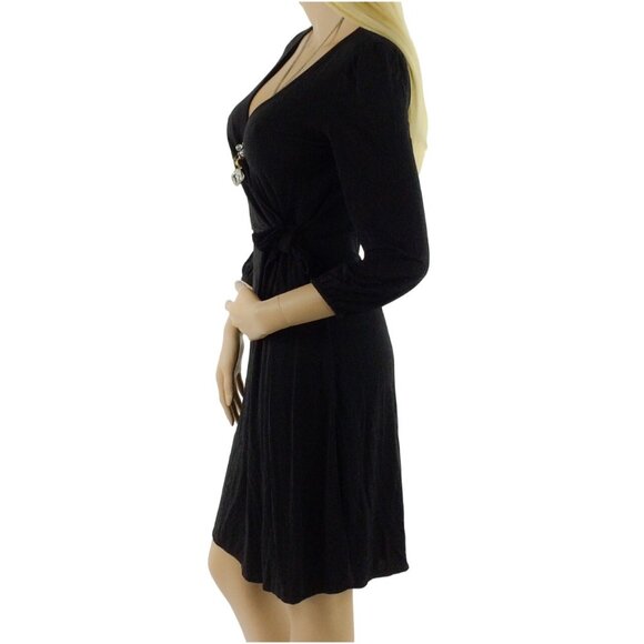Vintage 90s Ann Taylor Black 3/4 Sleeve V-Neck Wrap Office Siren Corpcore Dress - Picture 4 of 10